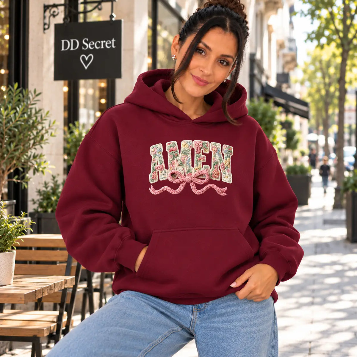 Hanorac cu gluga de dama oversize cu imprimeu AMEN