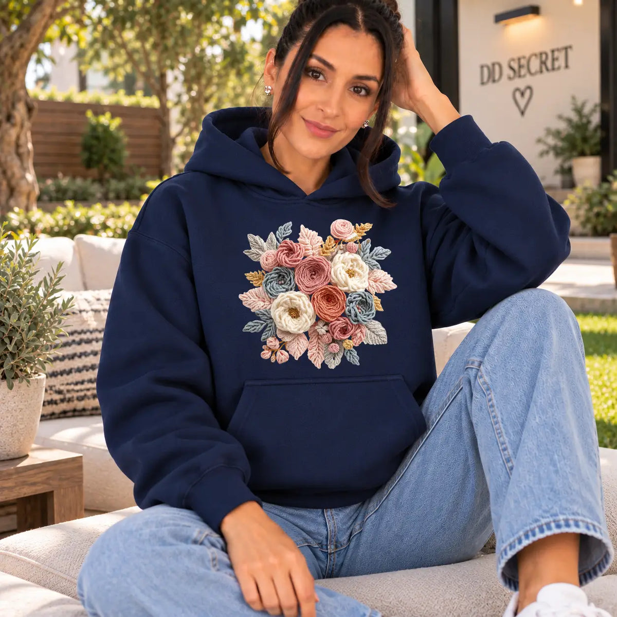 Hanorac cu gluga de dama oversize cu imprimeu BOHO FLOWERS