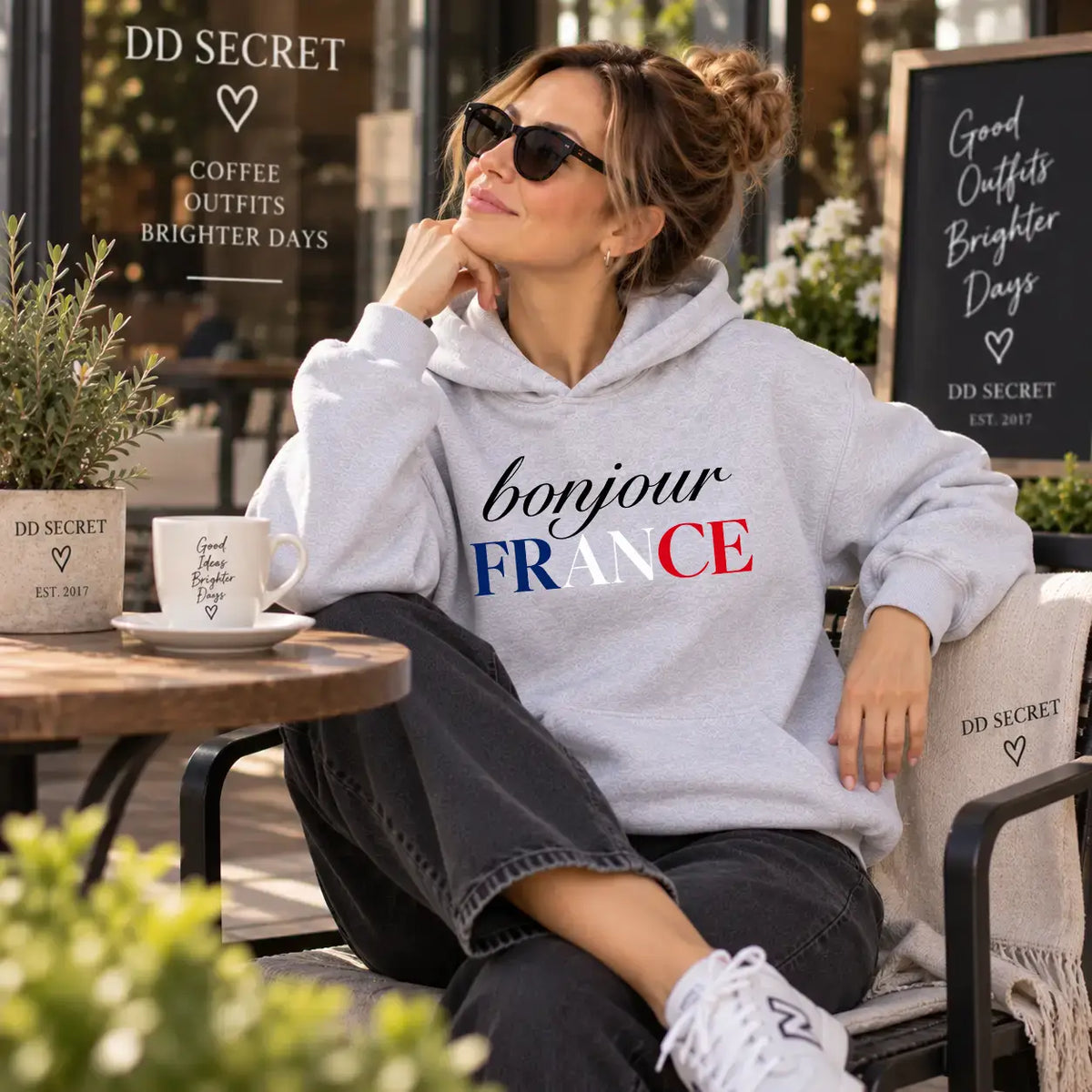 Hanorac cu gluga dama oversize cu imprimeu BONJOUR FRANCE