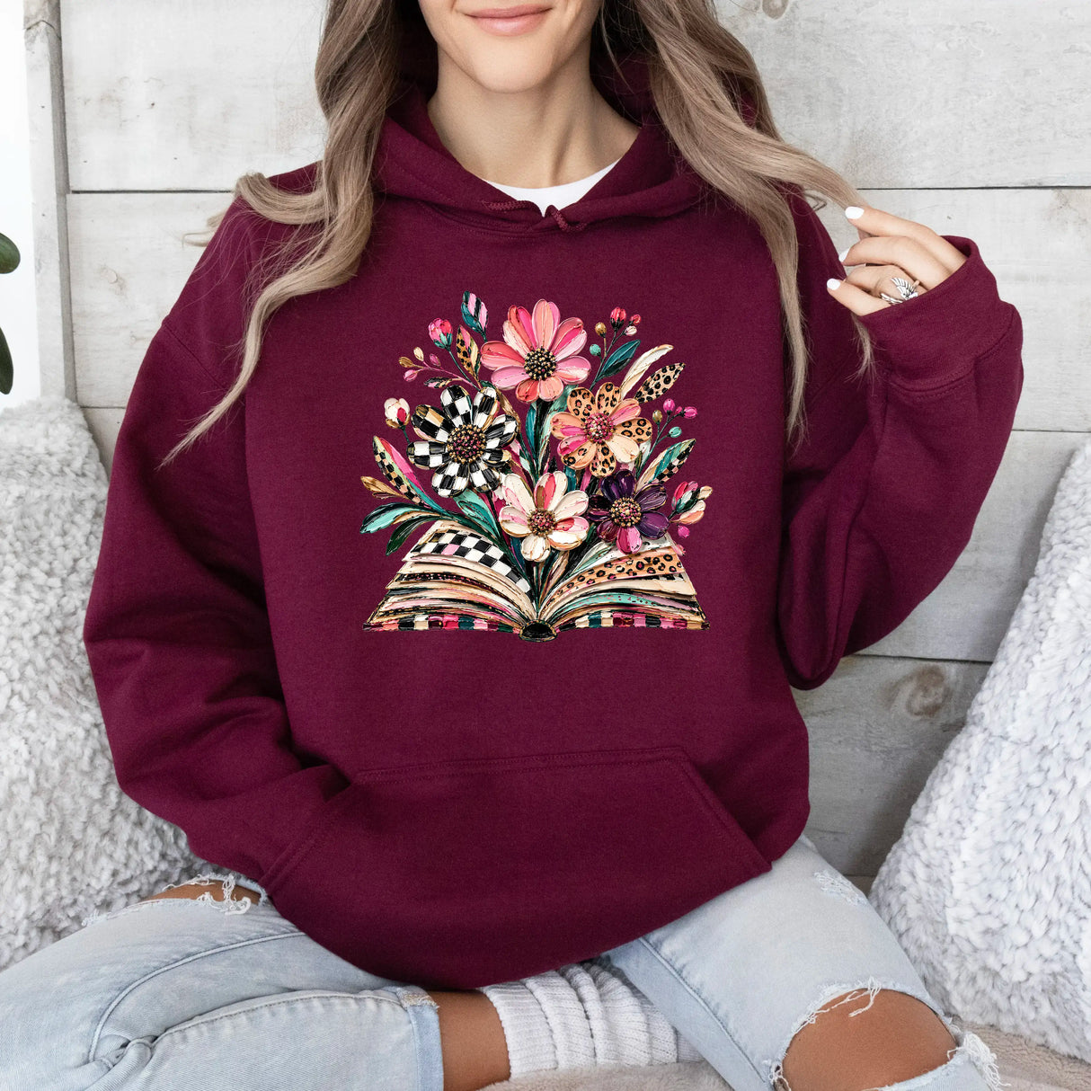 Hanorac cu gluga dama oversize cu imprimeu flora BOOK