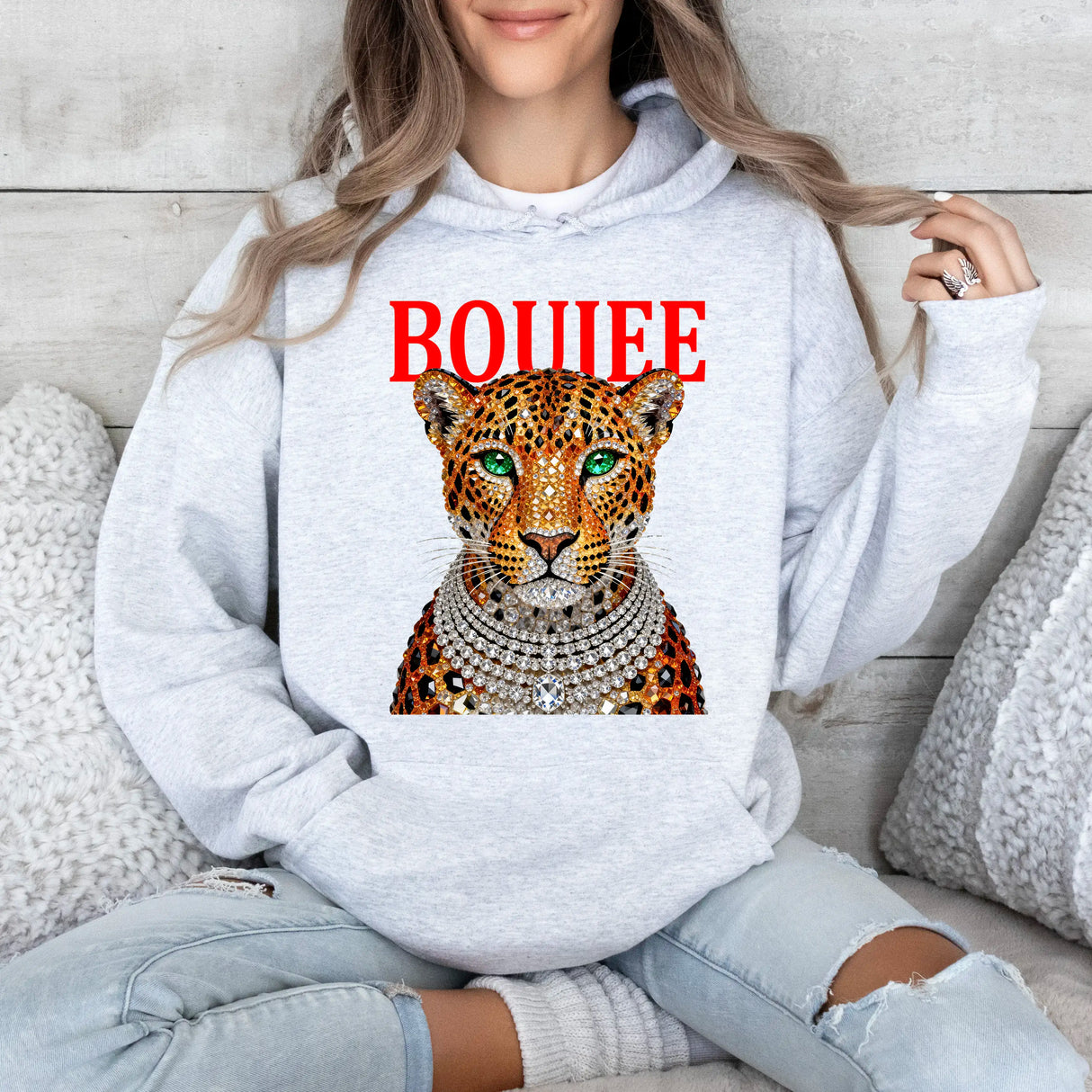 Hanorac cu gluga de dama oversize cu imprimeu BOUJEE