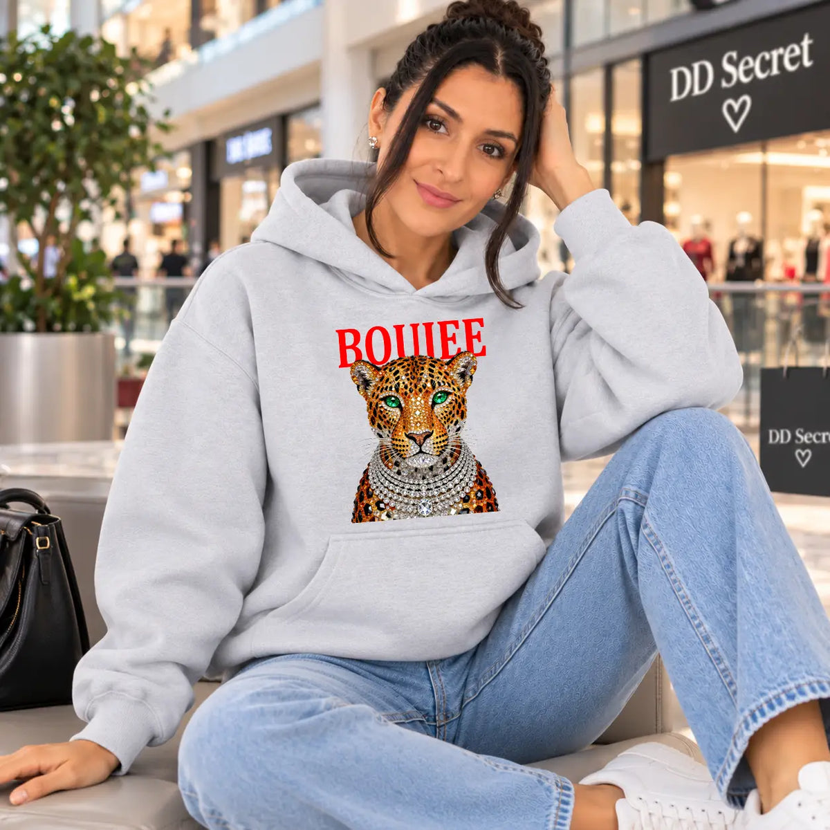 Hanorac cu gluga de dama oversize cu imprimeu BOUJEE