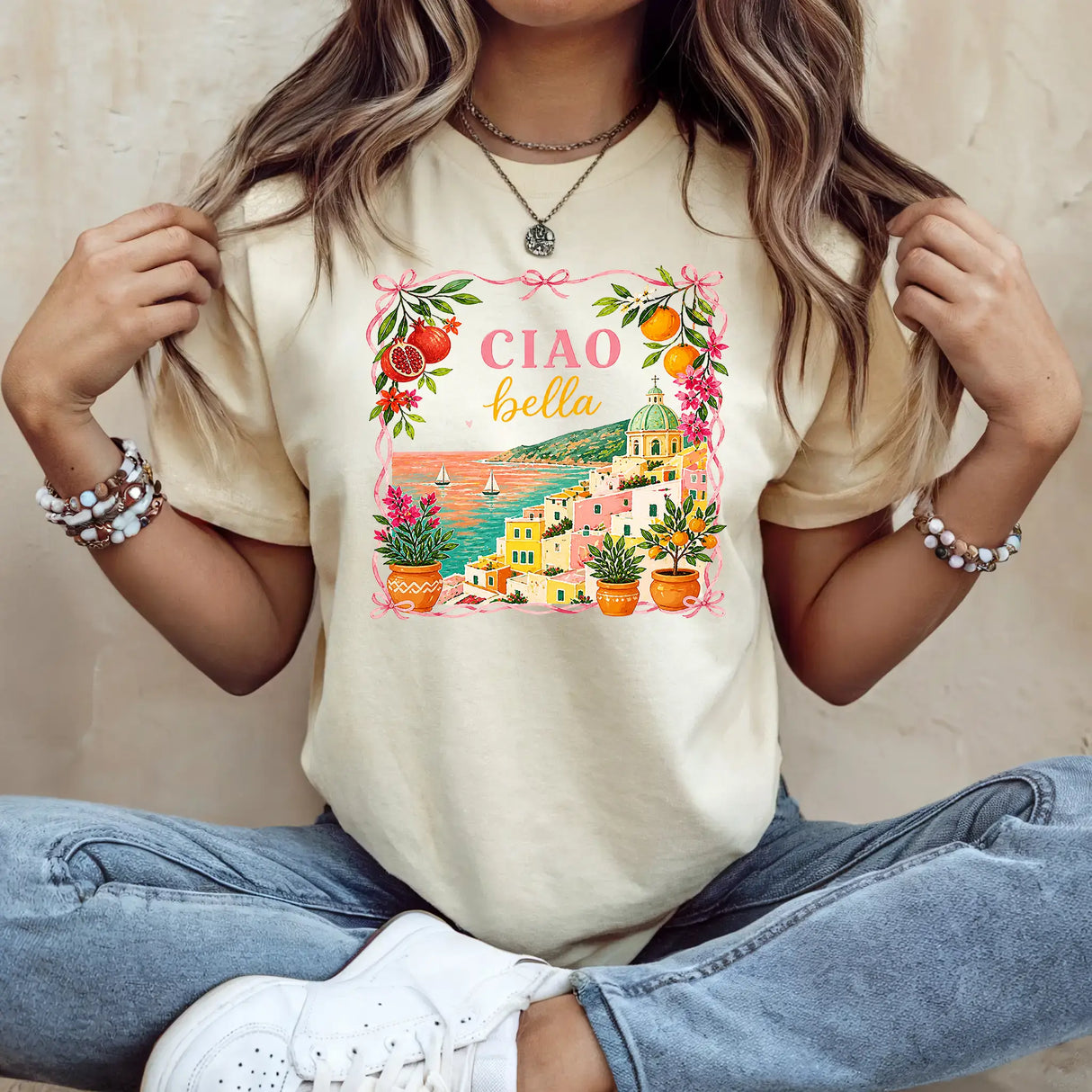 Tricou dama oversize din bumbac 100% Travel cu imprimeu CIAO BELLA