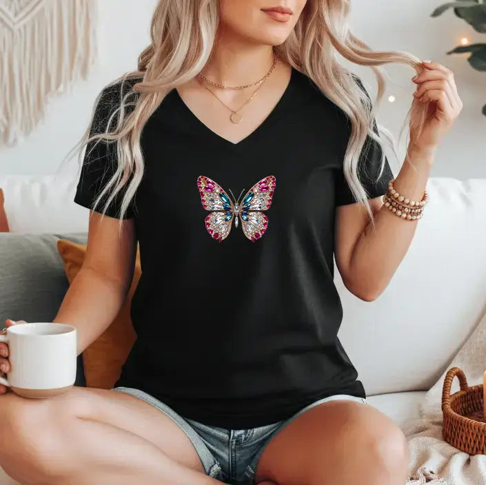 Tricou dama din bumbac 100% cu guler in V imprimeu FLUTURE
