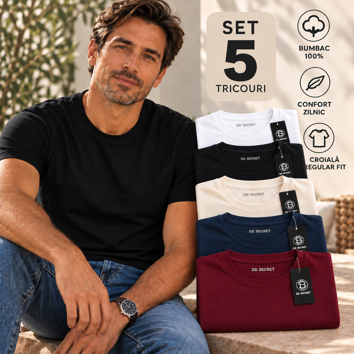 Set 5 tricouri barbati din bumbac 100% regular fit diverse culori