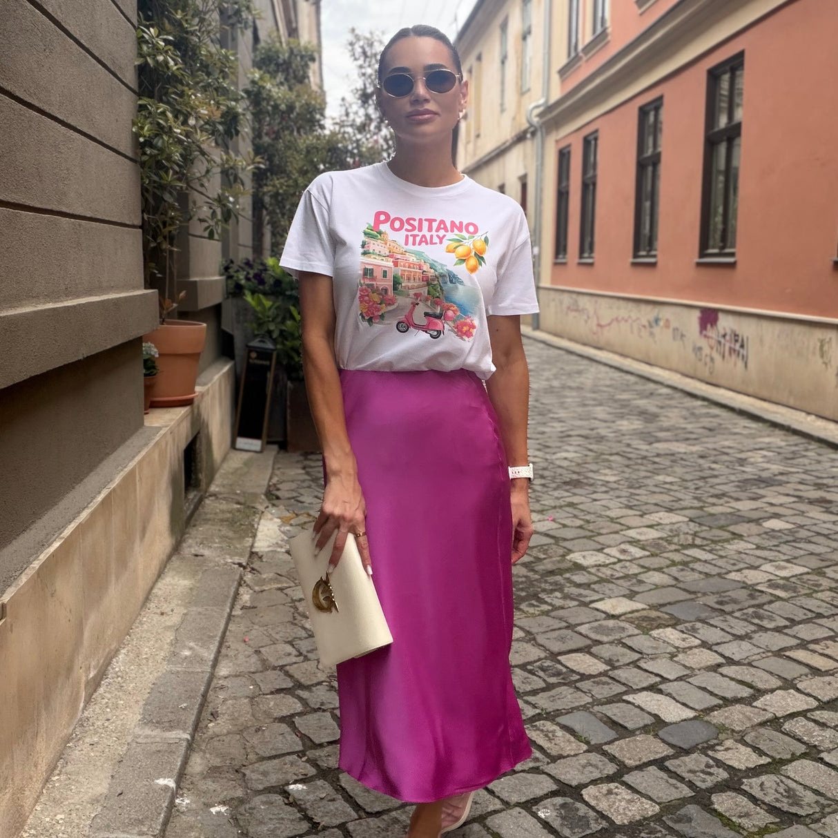 Tricou dama oversize din bumbac 100% Travel cu imprimeu POSITANO