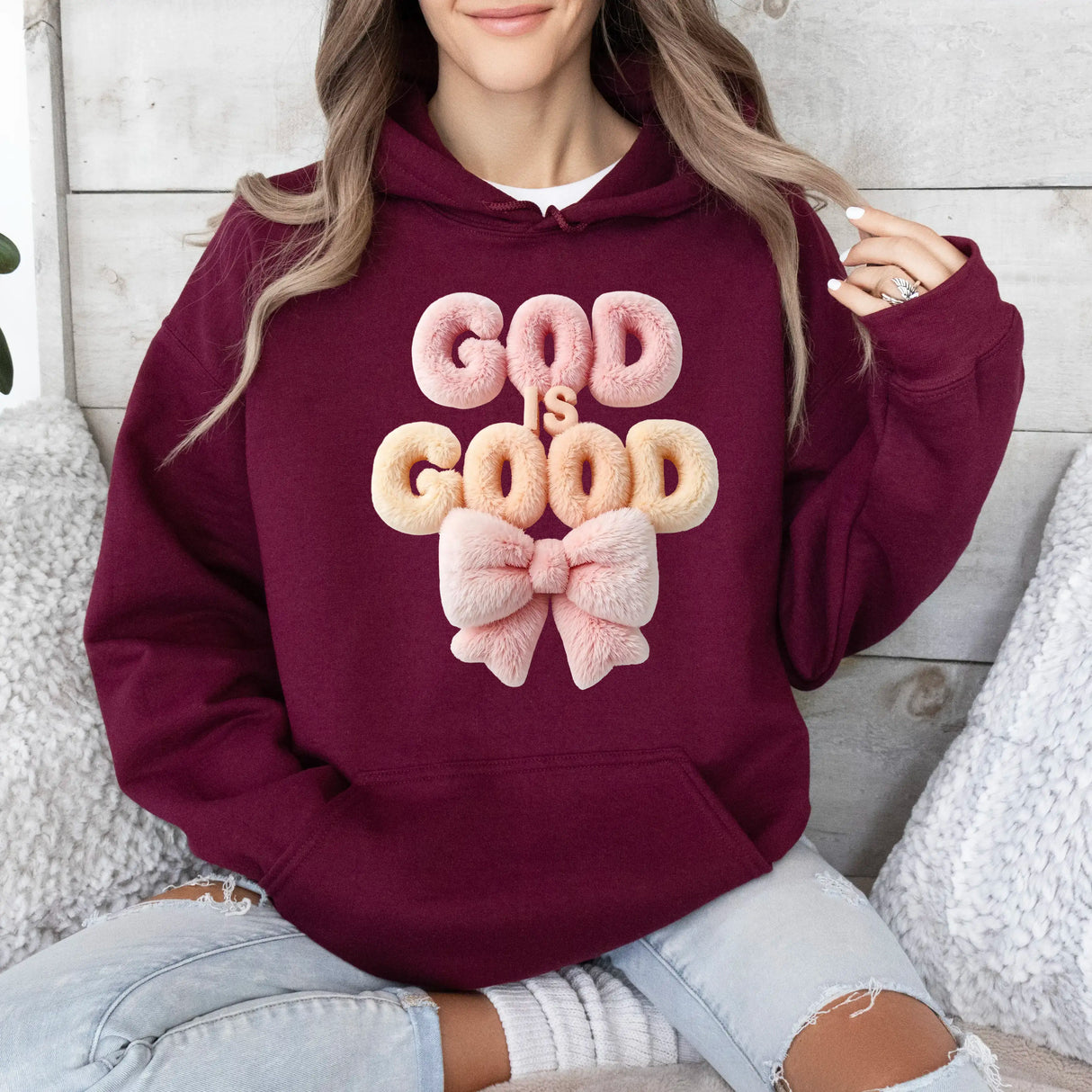 Hanorac cu gluga dama oversize cu imprimeu GOD IS GOOD
