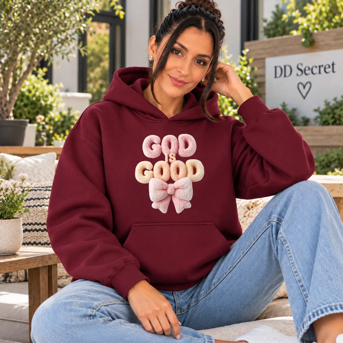 Hanorac cu gluga dama oversize cu imprimeu GOD IS GOOD