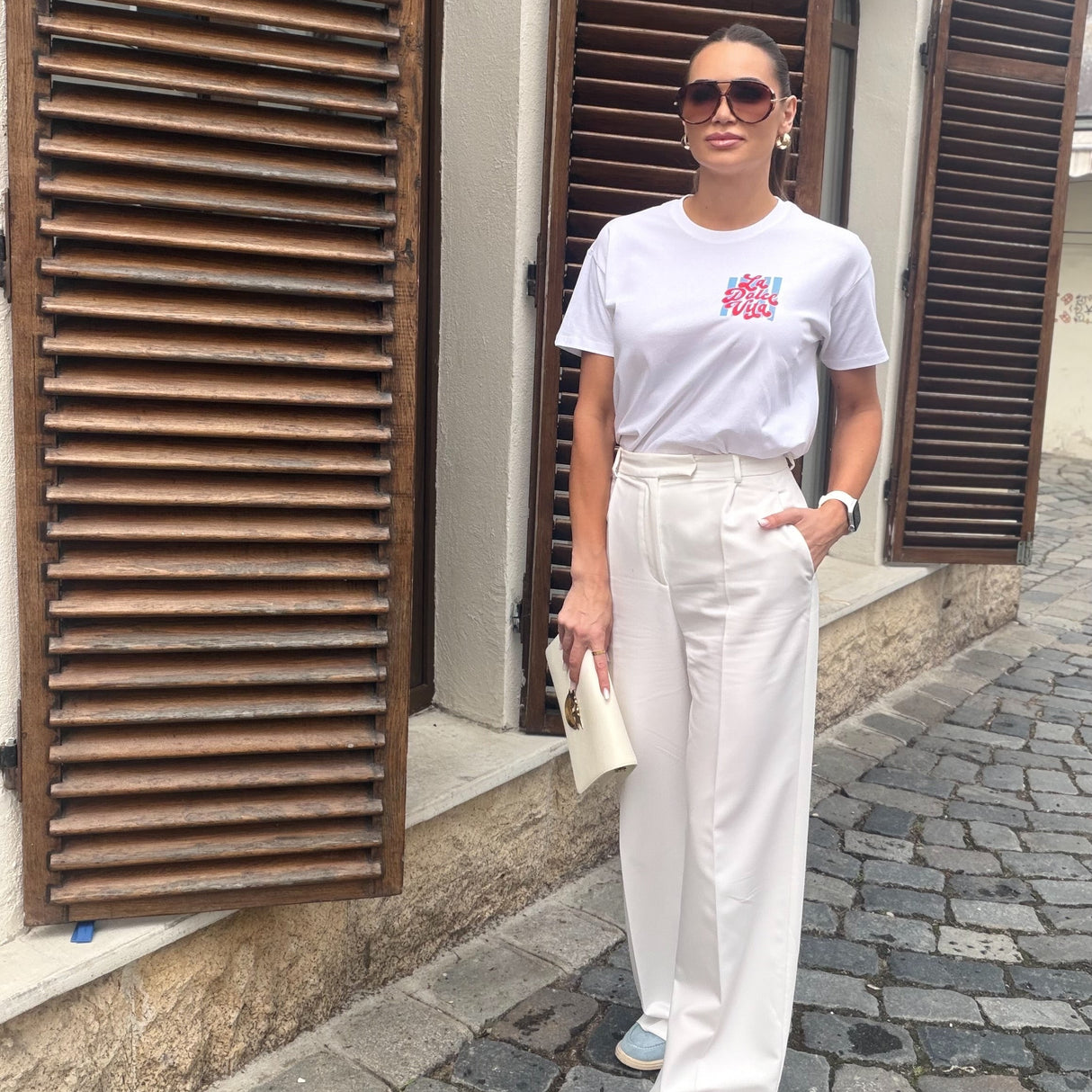 Tricou dama oversize din bumbac 100% minimalist cu imprimeu DOLCE VITA