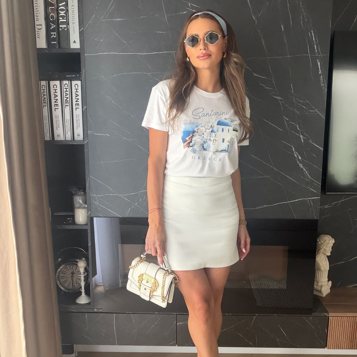 Tricou dama oversize din bumbac 100% Travel cu imprimeu SANTORINI