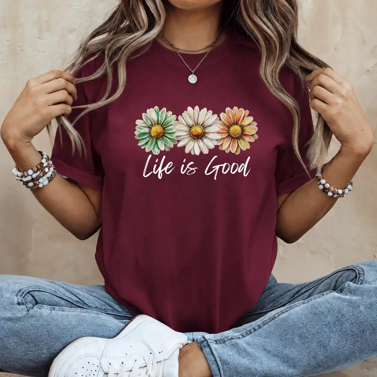 Tricou de dama oversize din bumbac 100% cu imprimeu LIFE FLOWERS