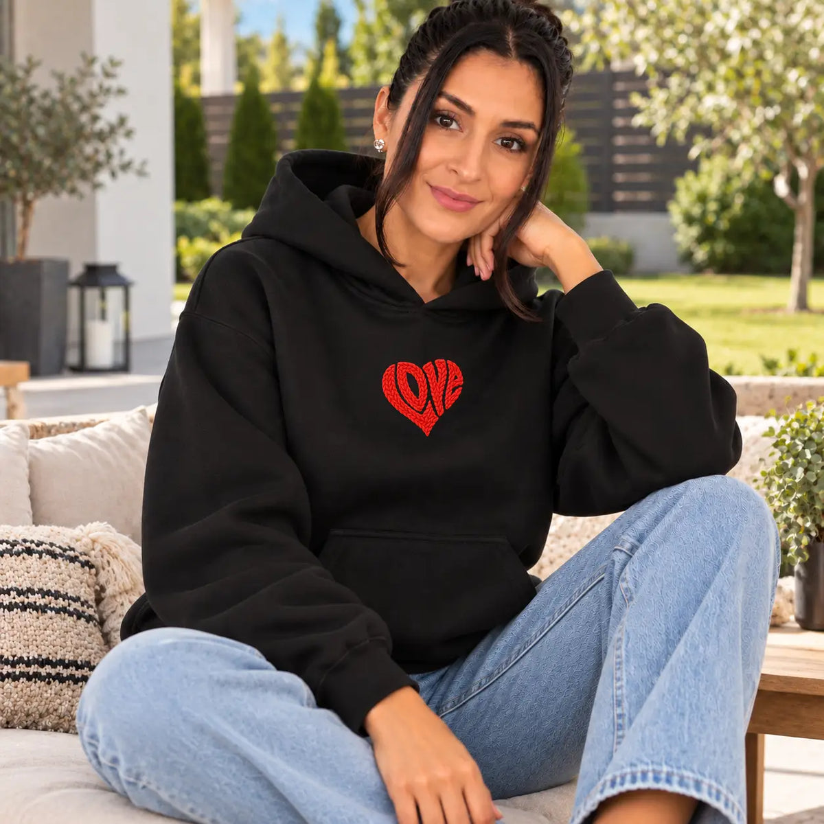 Hanorac cu gluga de dama oversize cu imprimeu LOVE HEART