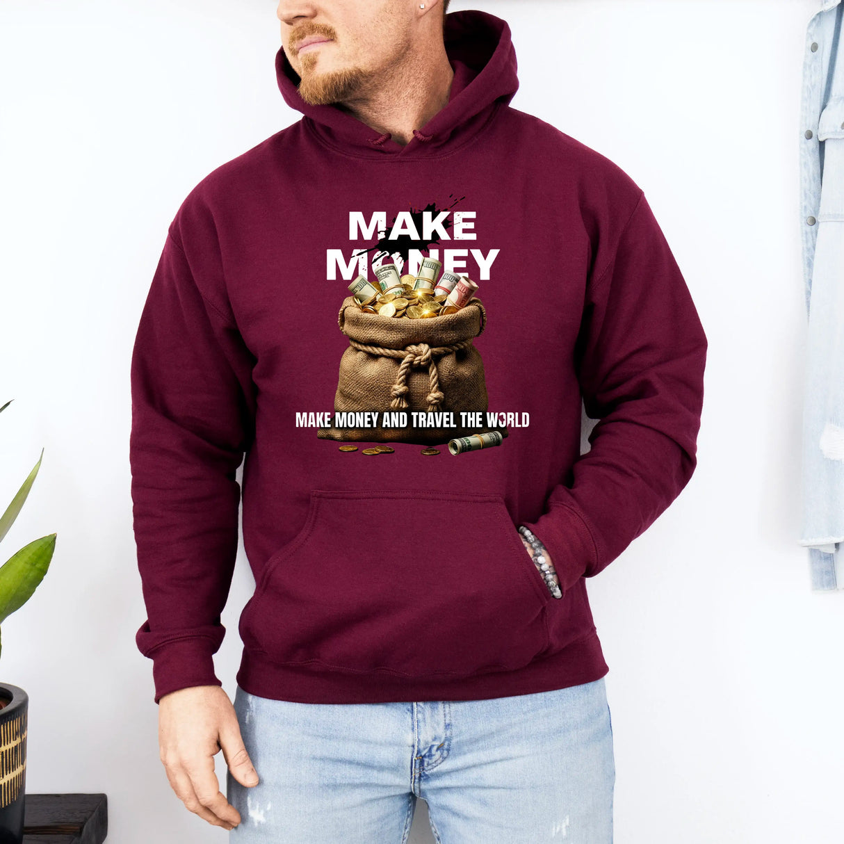 Hanorac cu gluga barbatesc regular fit cu imprimeu MAKE MONEY