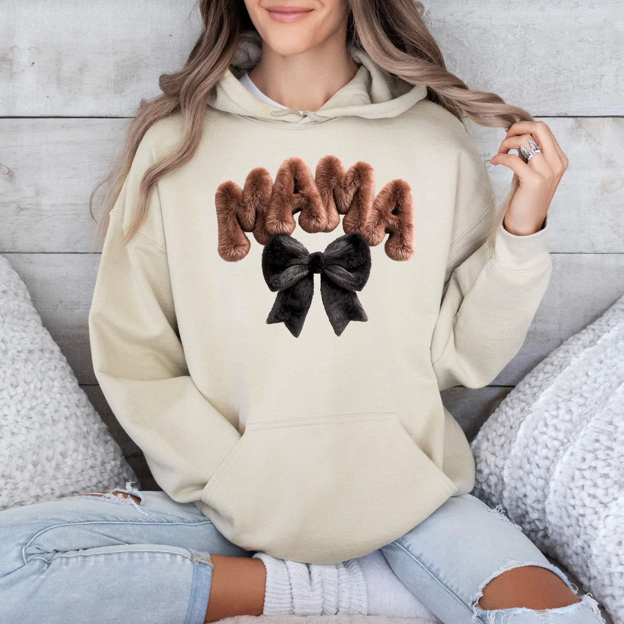 Hanorac cu gluga de dama oversize cu imprimeu MAMA BOW