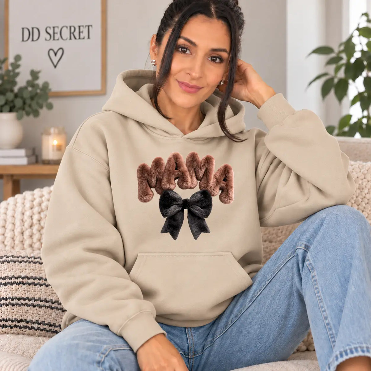 Hanorac cu gluga de dama oversize cu imprimeu MAMA BOW