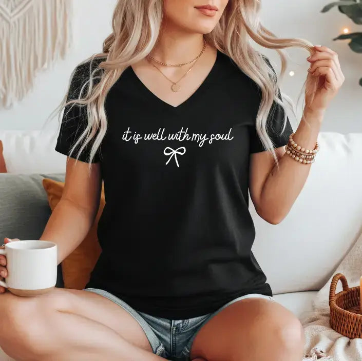 Tricou dama din bumbac 100% cu guler in V imprimeu MY SOUL