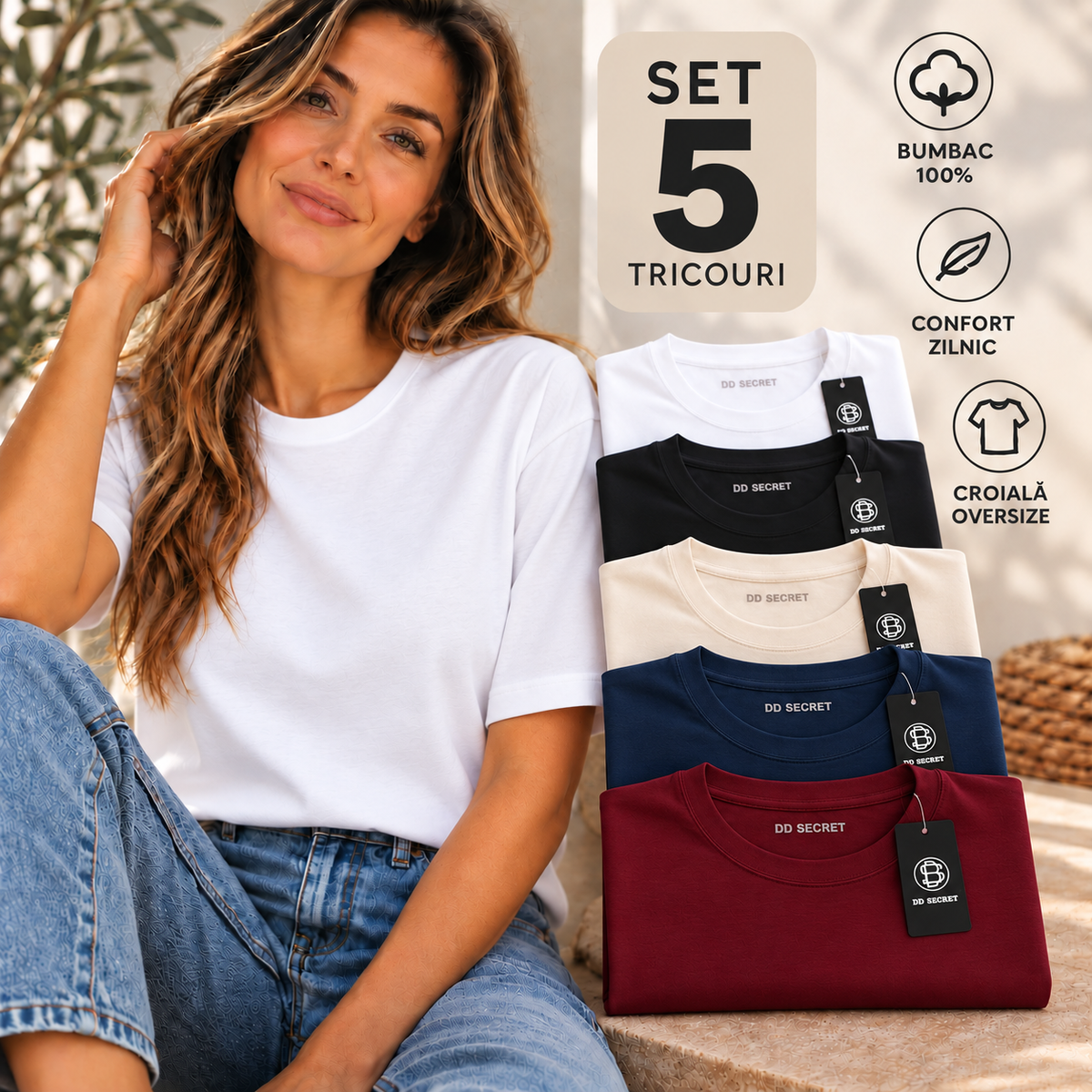 Set 5 tricouri dama oversize din bumbac 100% simple diverse culori
