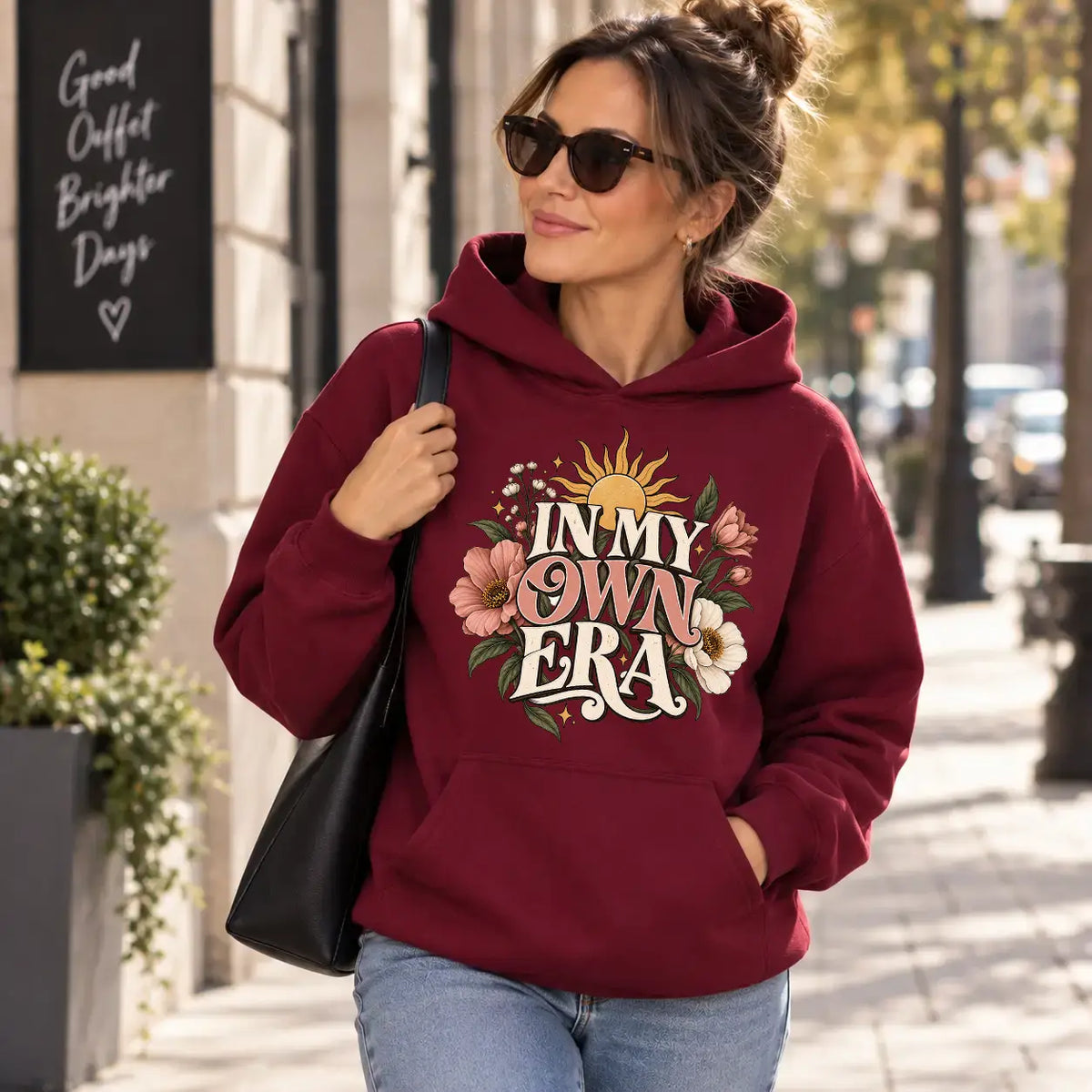 Hanorac cu gluga de dama oversize cu imprimeu OWN ERA