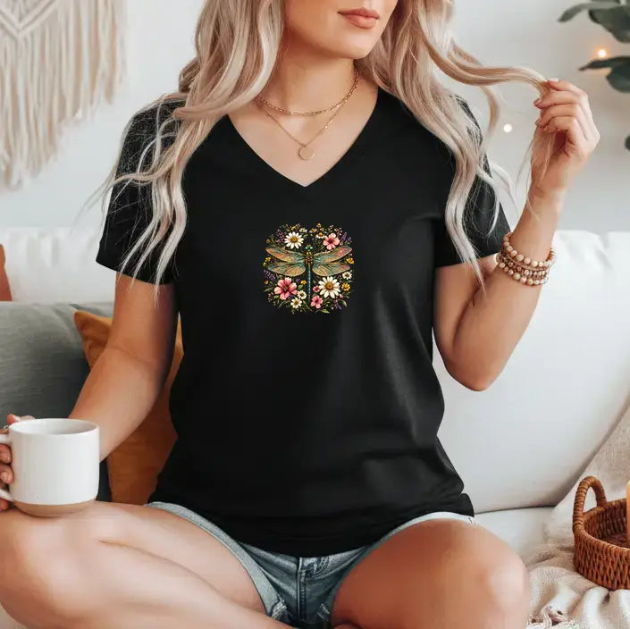 Tricou dama din bumbac 100% cu guler in V imprimeu PETALFLOWER