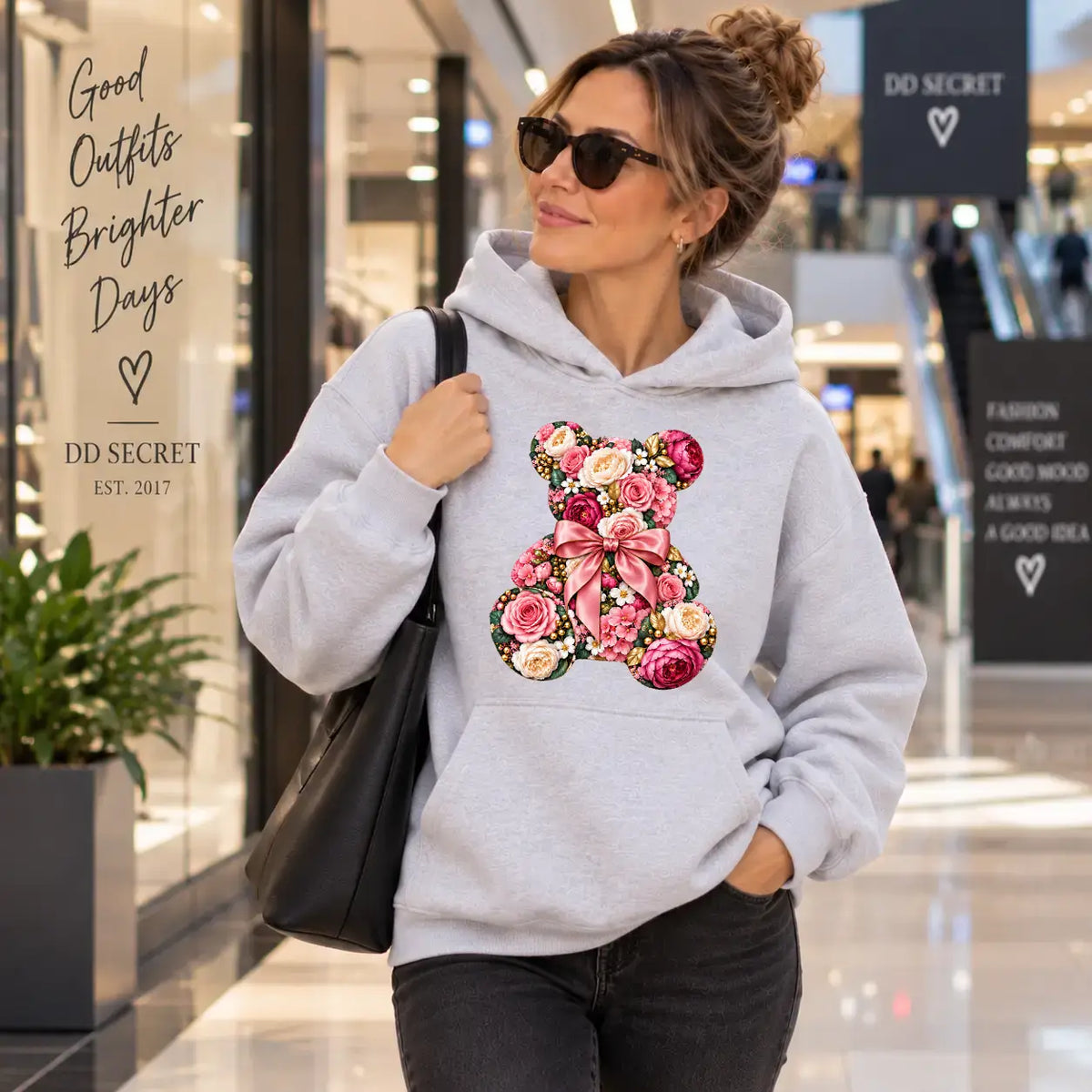 Hanorac cu gluga de dama oversize cu imprimeu PINK BEAR
