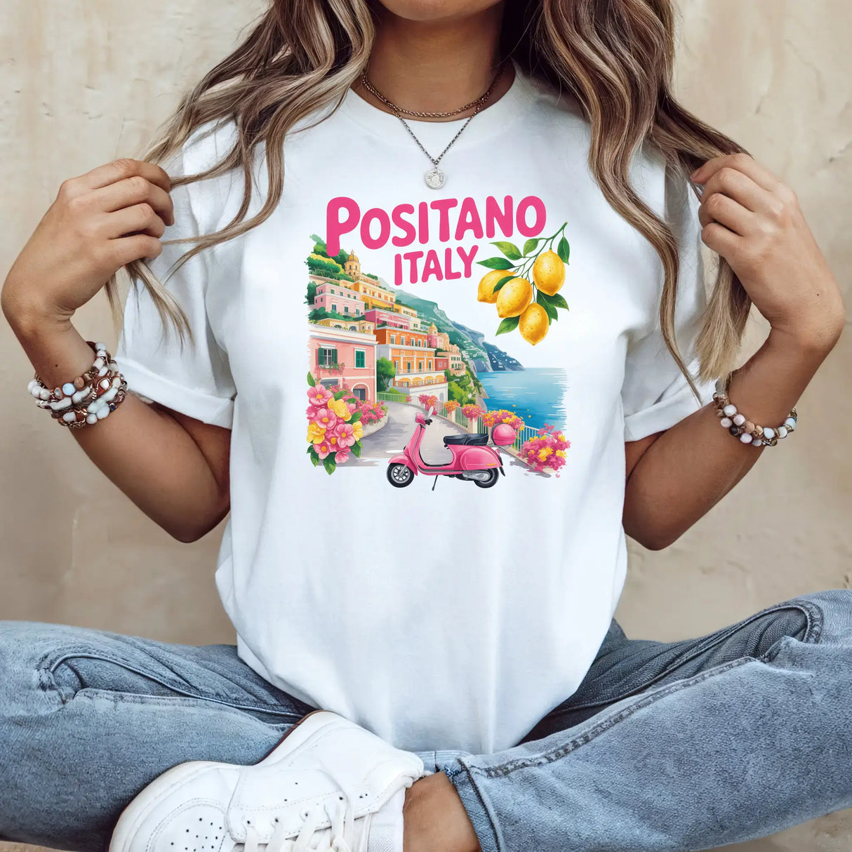 Tricou dama oversize din bumbac 100% Travel cu imprimeu POSITANO