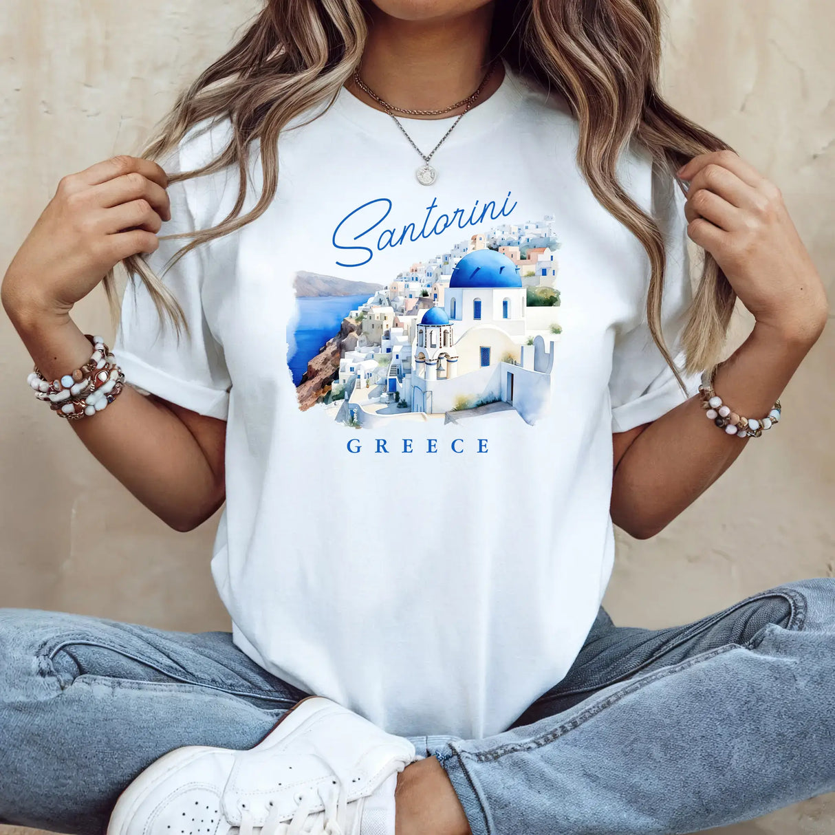 Tricou dama oversize din bumbac 100% Travel cu imprimeu SANTORINI