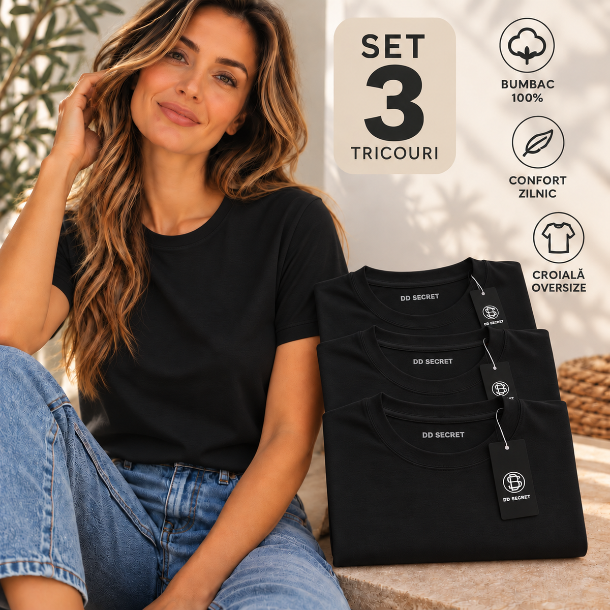 Set 3 tricouri dama oversize din bumbac 100% simple negre