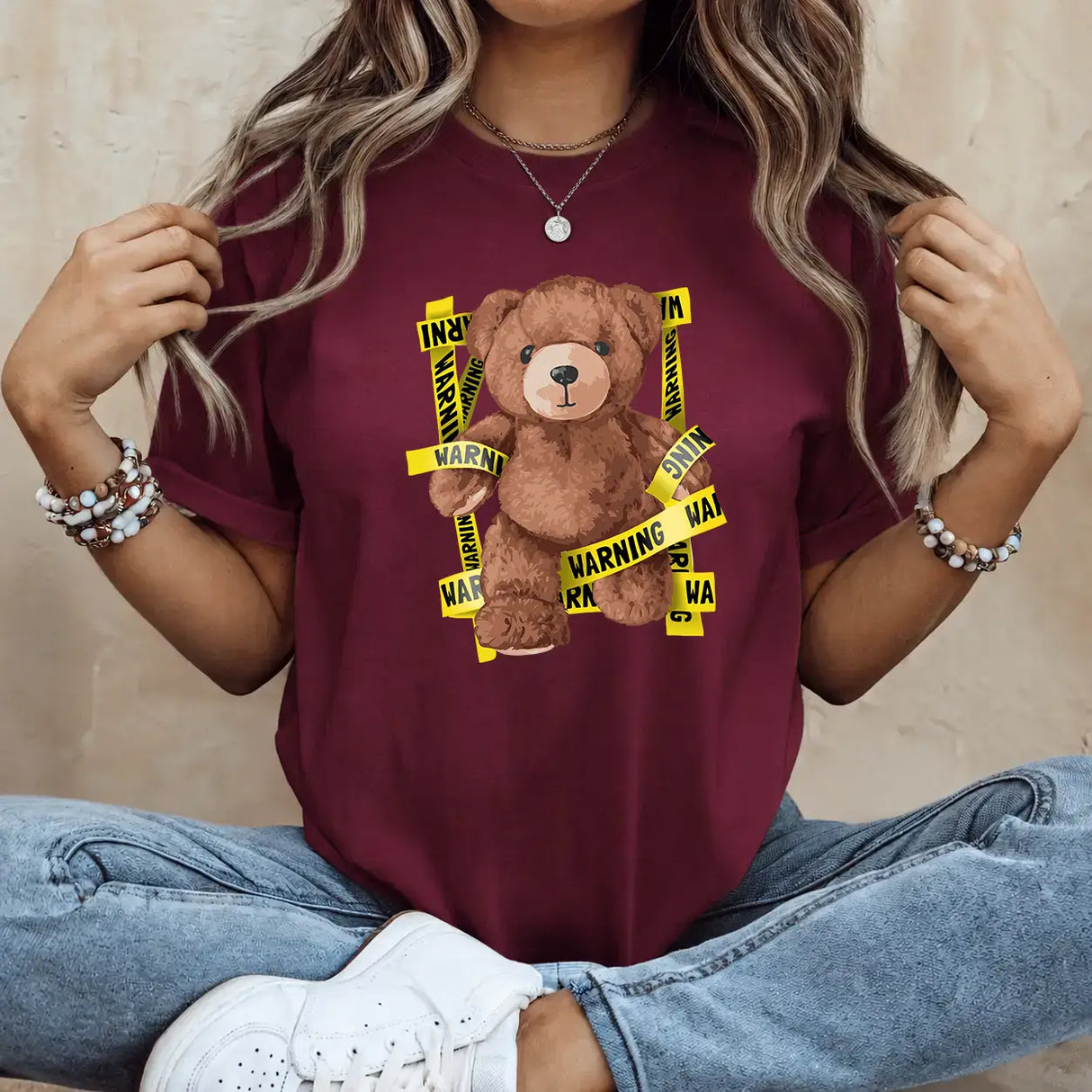 Tricou dama oversize din bumbac 100% cu imprimeu WARNING