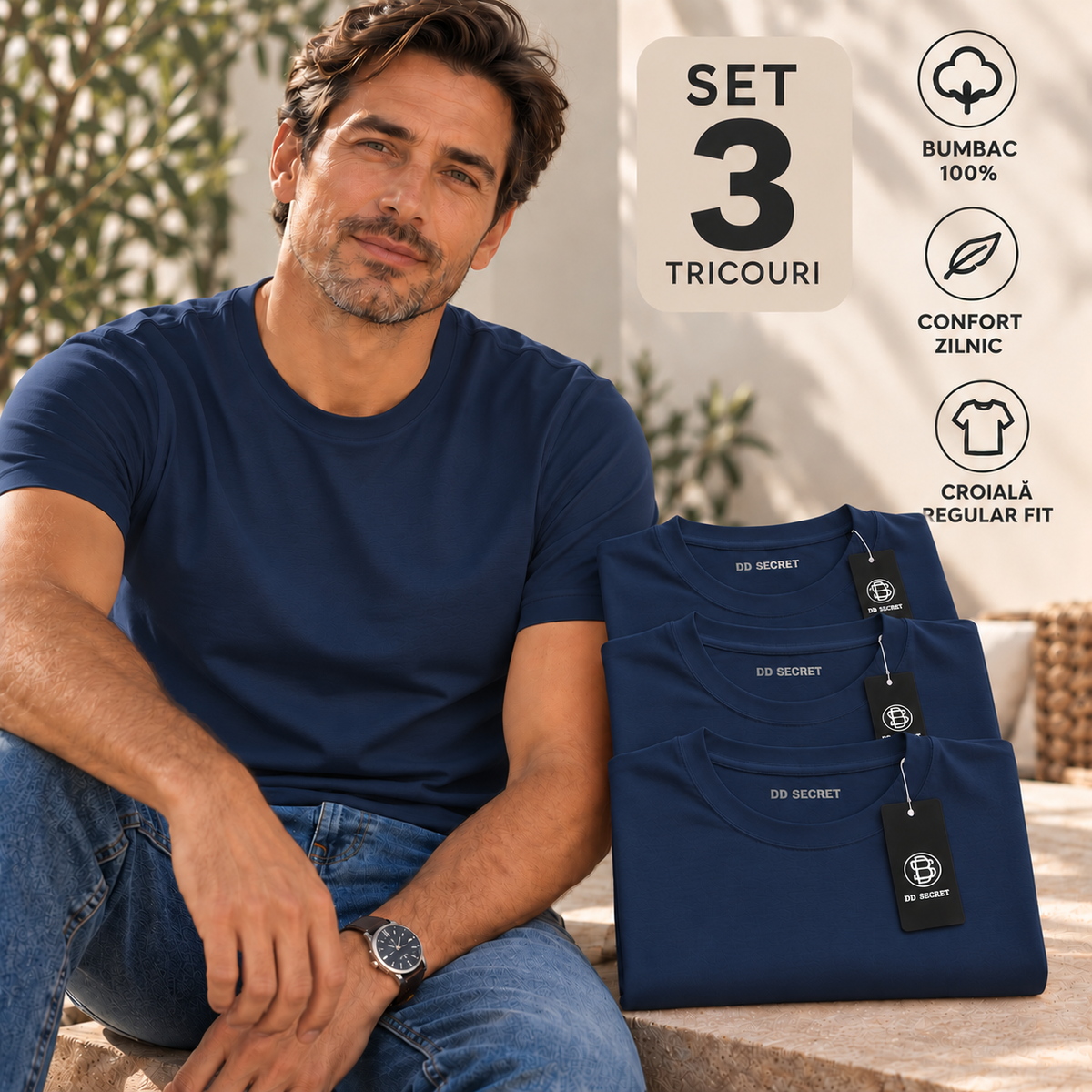 Set 3 tricouri barbati din bumbac 100% regular fit simple bleumarin