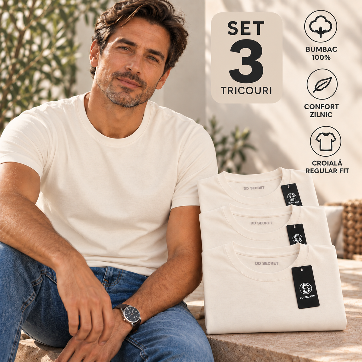 Set 3 tricouri barbati din bumbac 100% regular fit simple crem