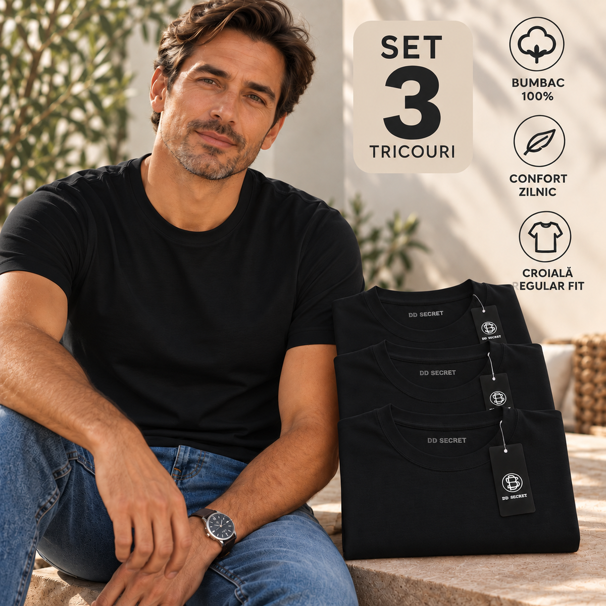 Set 3 tricouri barbati din bumbac 100% regular fit simple negre