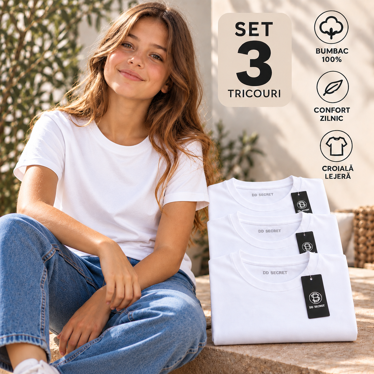 Set 3 tricouri fete din bumbac 100% simple albe