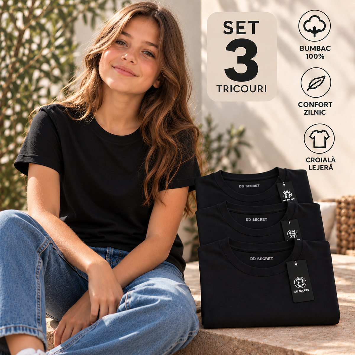 Set 3 tricouri fete din bumbac 100% simple negre