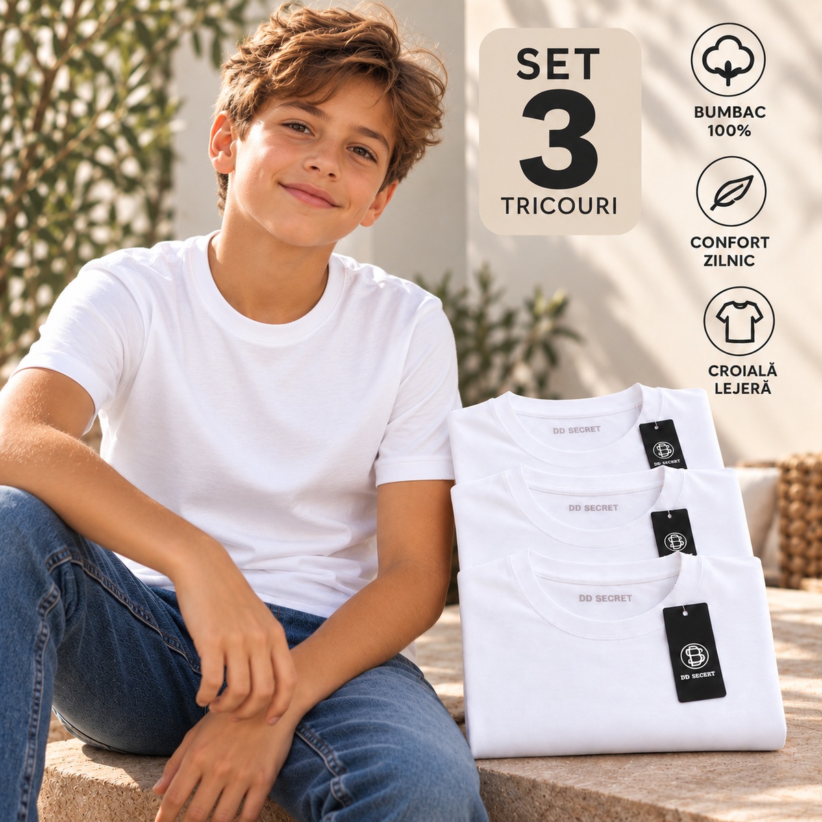 Set 3 tricouri baieti din bumbac 100% simple albe