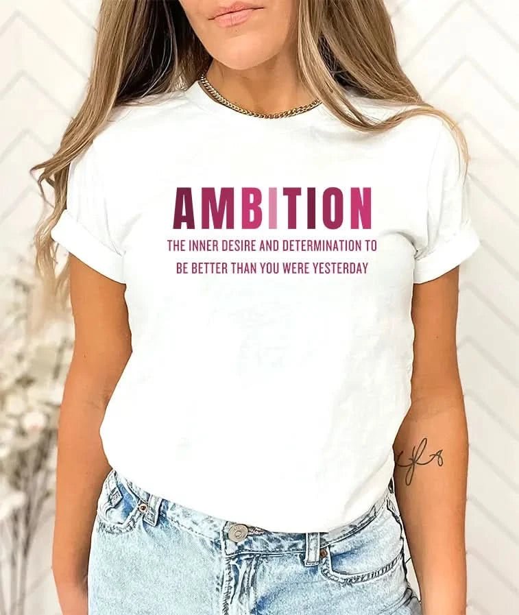 Tricou dama oversize din bumbac 100% cu mesaj AMBITION