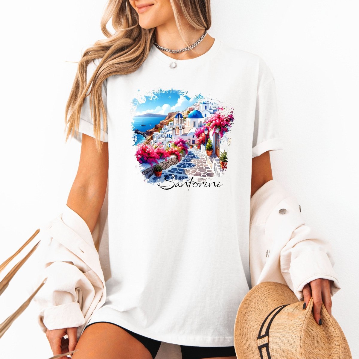 Tricou dama oversize din bumbac 100% Travel cu imprimeu SANTORINI