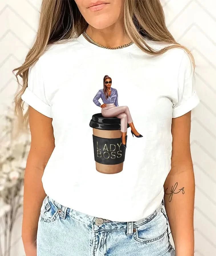 Tricou de dama oversize din bumbac 100% Fashion cu imprimeu COFFEE LADY
