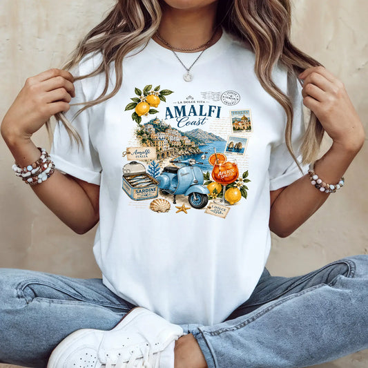 Tricou dama oversize din bumbac 100% Travel cu imprimeu AMALFI COAST