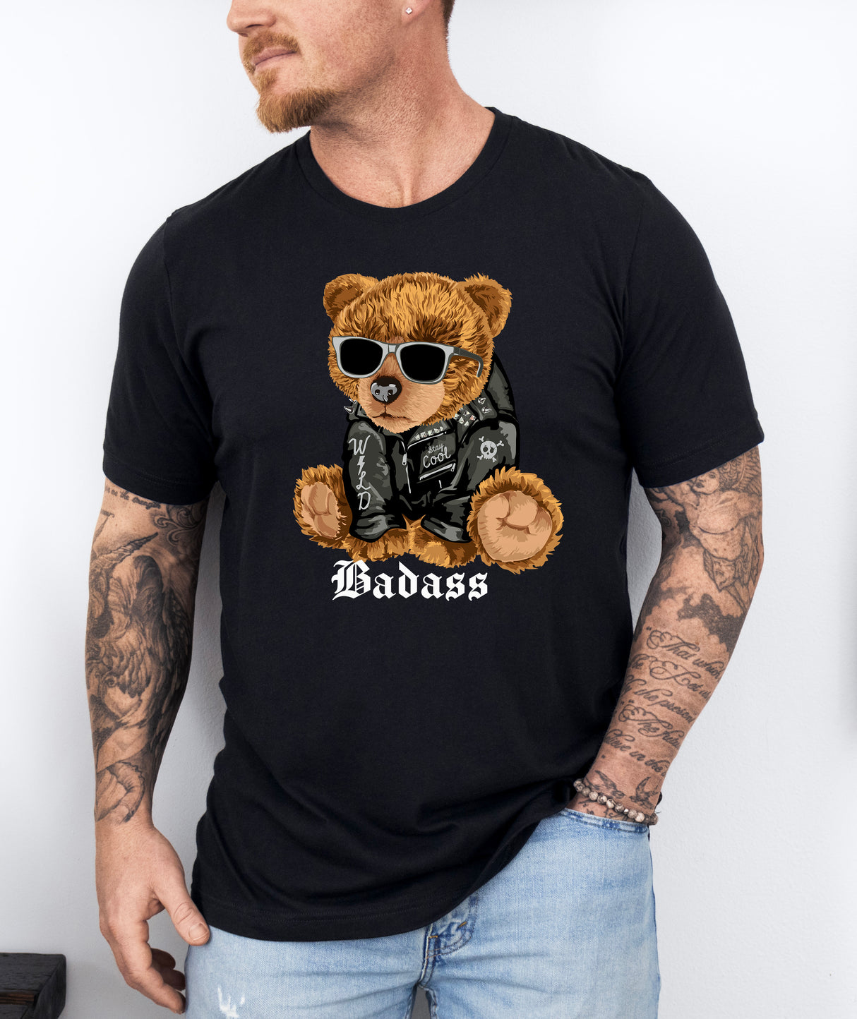 Tricou barbatesc din bumbac 100% regular fit cu ursulet BADASS