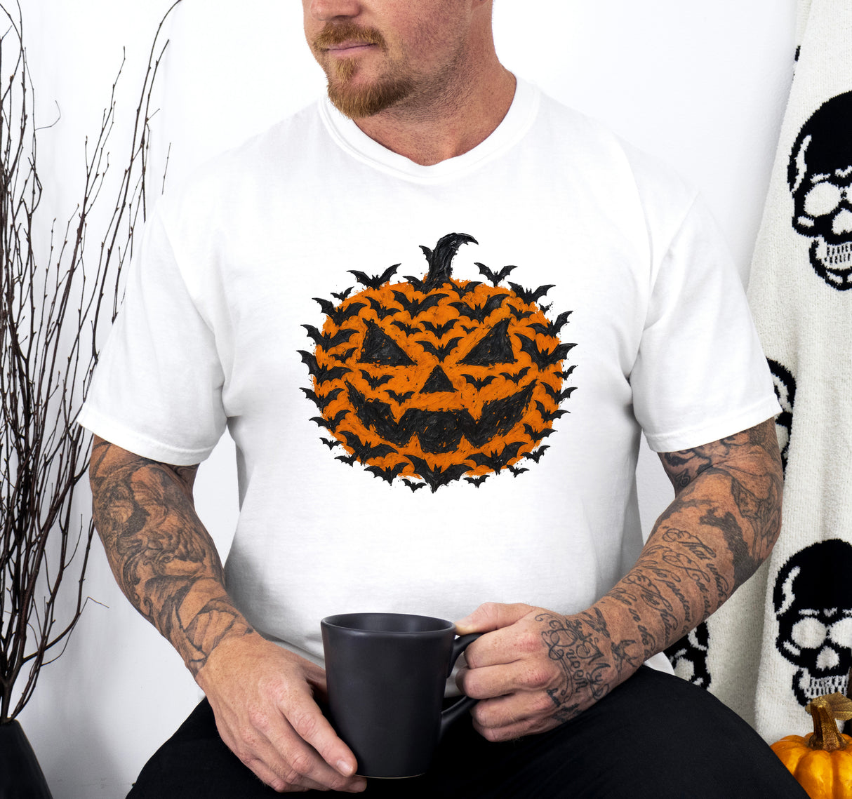 Tricou barbati din bumbac 100% regular fit de Halloween BAT PUMPKIN
