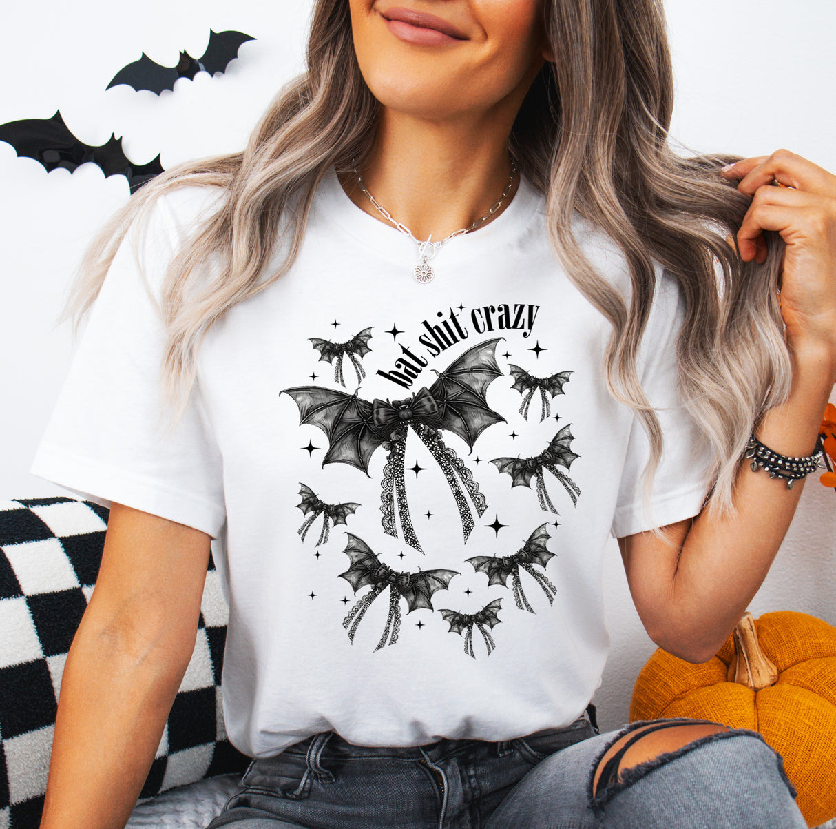 Tricou dama oversize din bumbac 100% de Halloween BAT SHIT