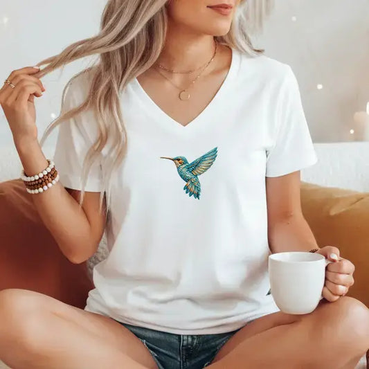 Tricou de dama din bumbac 100% cu guler in V imprimeu BIRD