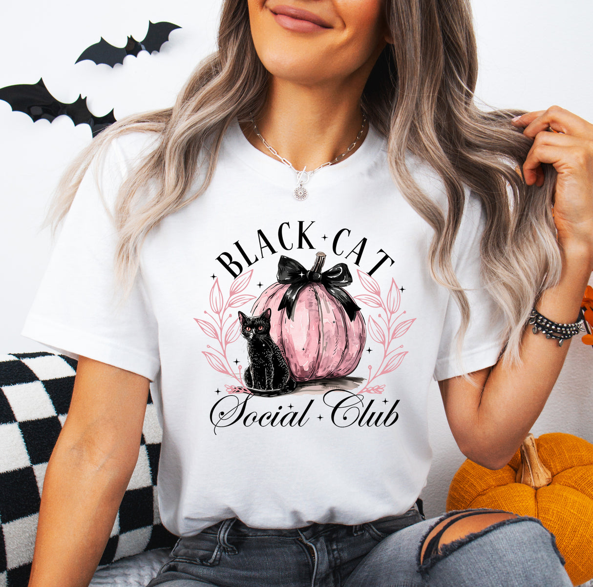 Tricou de dama oversize din bumbac 100% de Halloween BLACK CAT