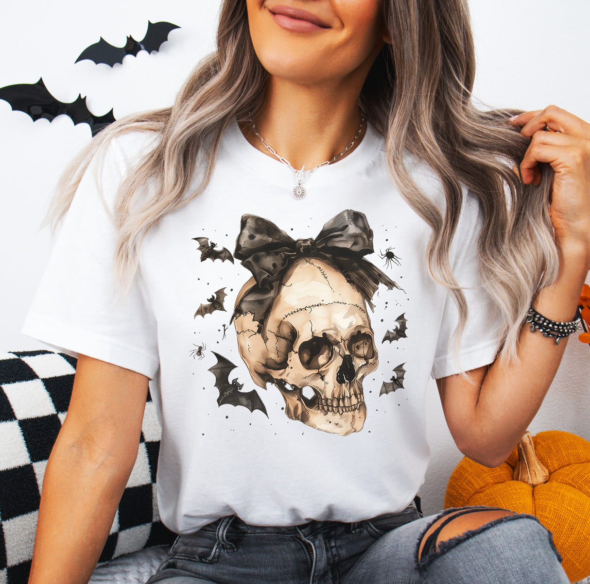 Tricou dama oversize din bumbac 100% de Halloween BLACK SKULL