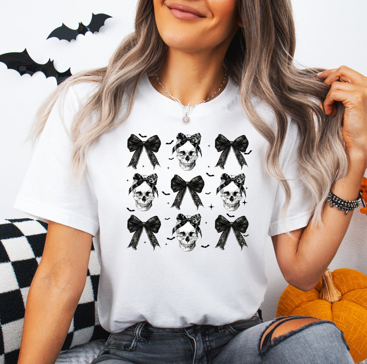 Tricou de dama oversize din bumbac 100% de Halloween BOW SKULL