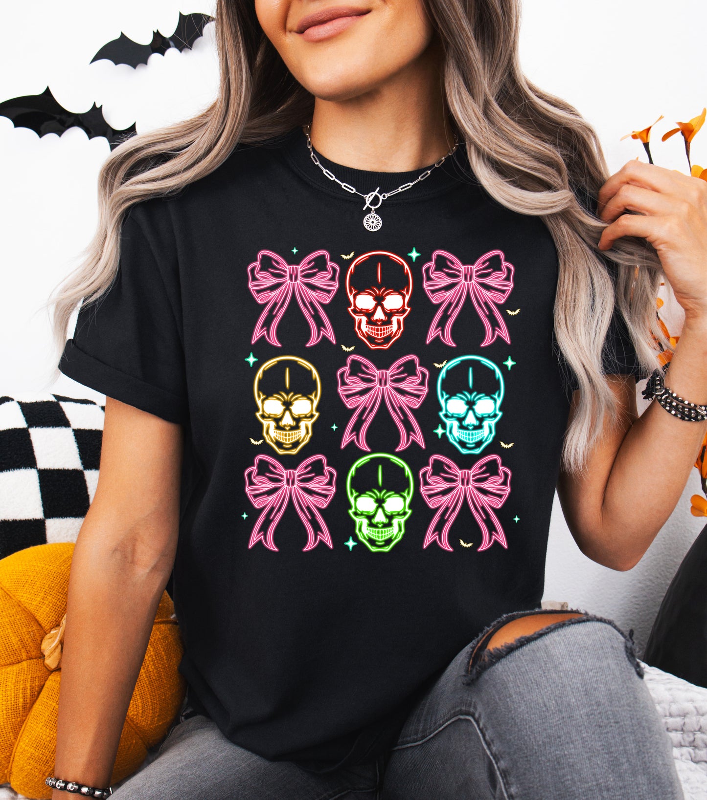 Tricou dama oversize din bumbac 100% de Halloween COLORFUL SKULL