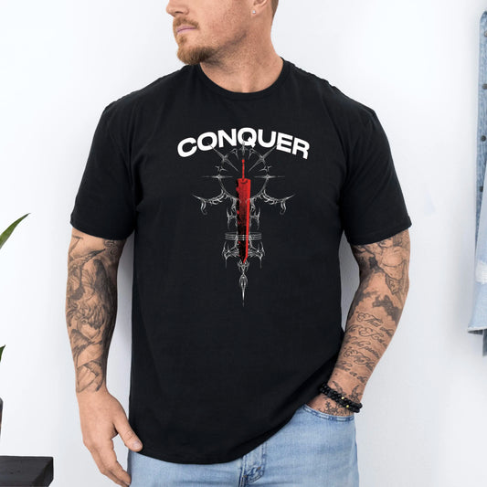 Tricou barbati din bumbac 100% regular fit cu mesaj CONQUER