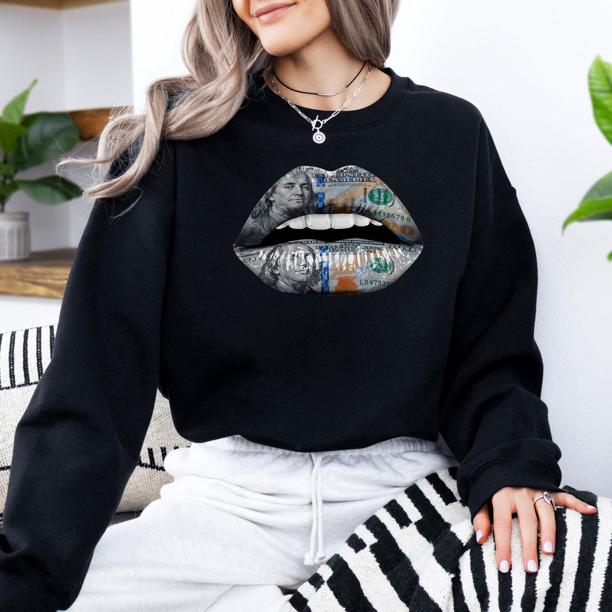 Hanorac dama oversize fashion cu imprimeu DOLLAR LIPS