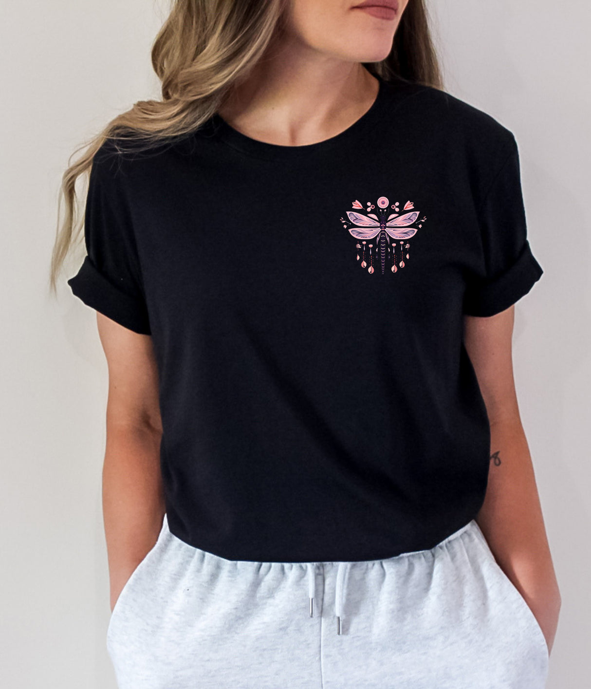 Tricou de dama oversize din bumbac 100% Minimalist cu imprimeu DRAGONFLY