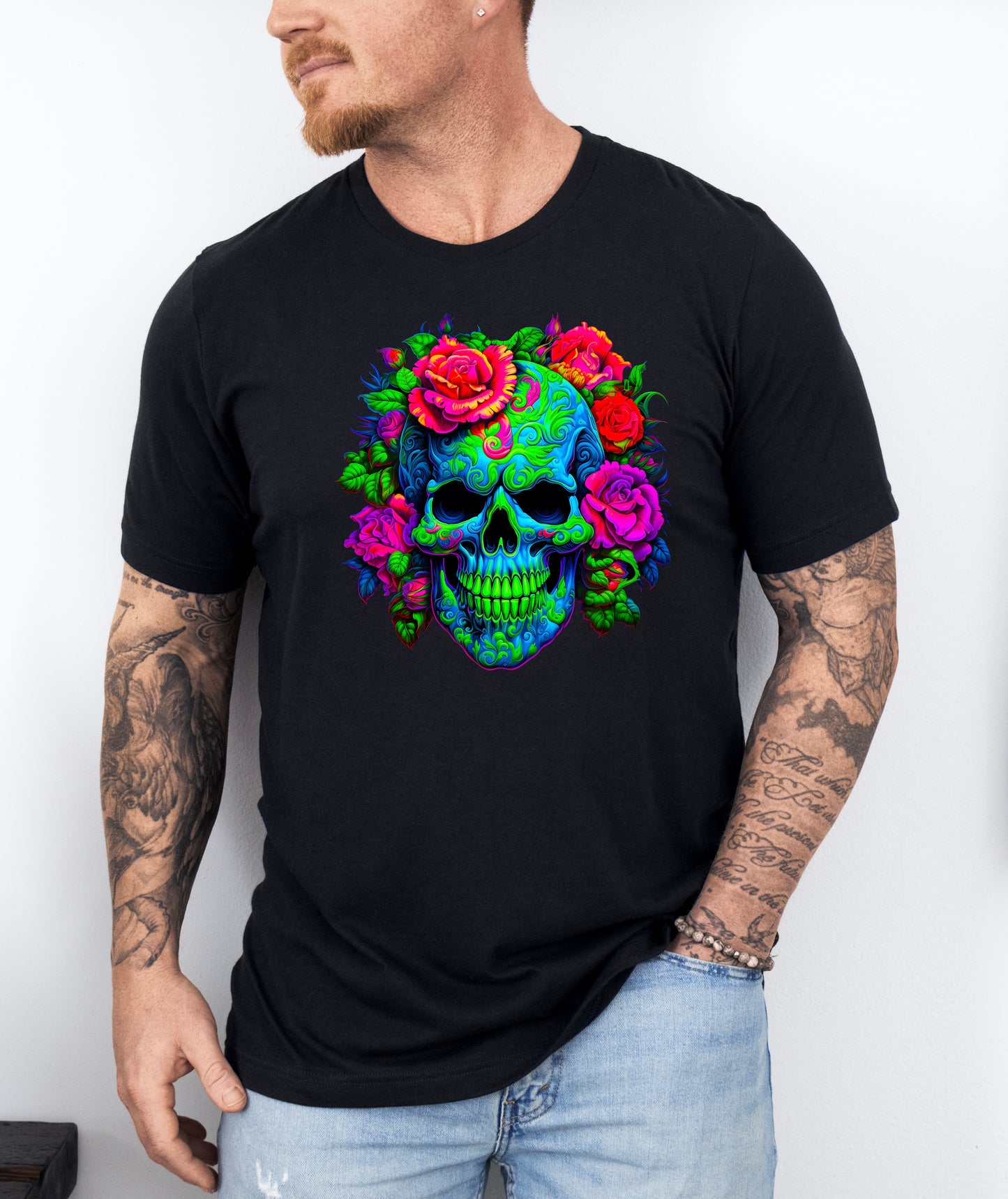 Tricou barbati din bumbac 100% regular fit Urban cu imprimeu FLOWERS SKULL